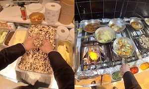 一人で６つ以上の料理を同時進行するシェフ視点の映像。