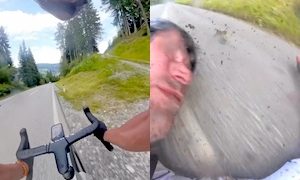 時速85キロオーバーで転倒してしまった自転車乗りの映像。